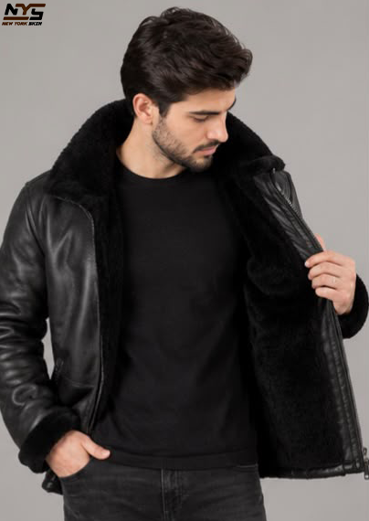 Handmade Black Shearling Leather Jacket: Genuine Sheepskin Bomber