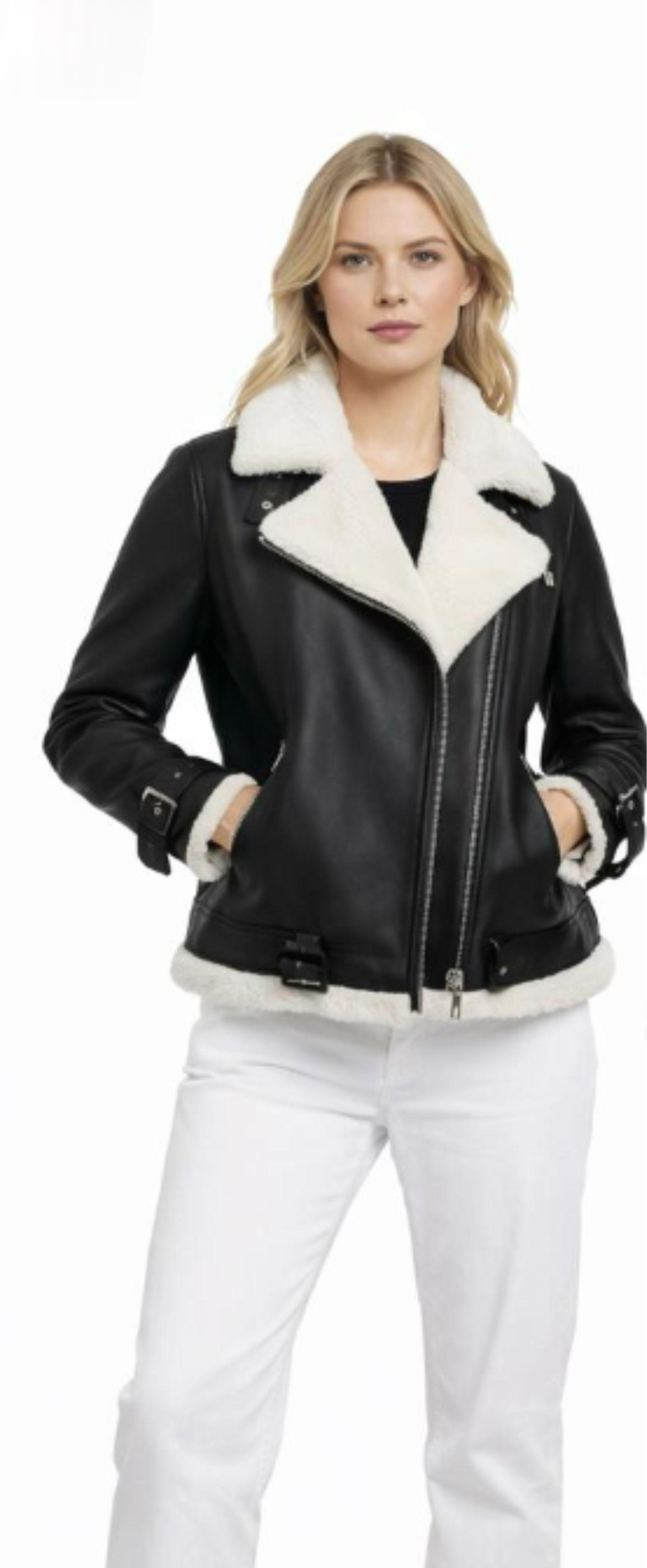 Women's Black Biker Shearling Jacket – Cozy Winter Leather Jacket & Perfect Gift