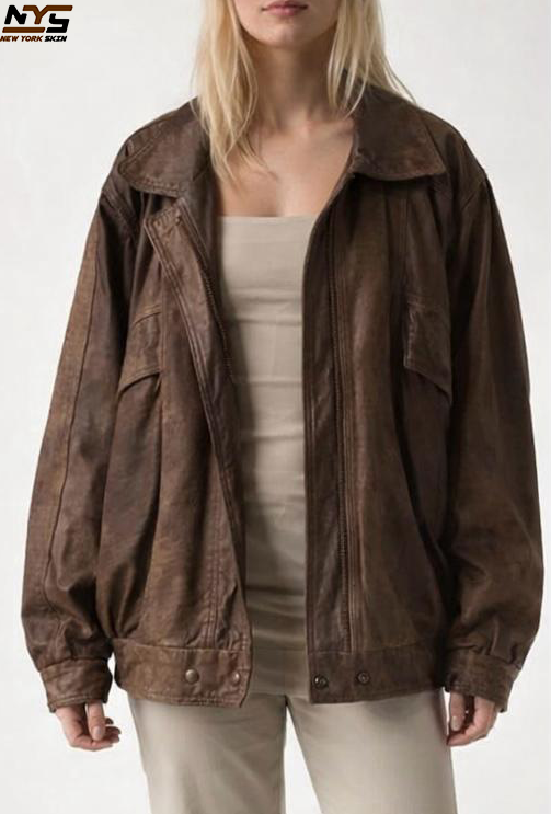 Women's Oversized Brown Leather Jacket – Vintage Baggy Style