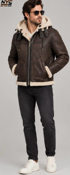 Men's Brown Shearling Sheepskin Leather Winter Jacket