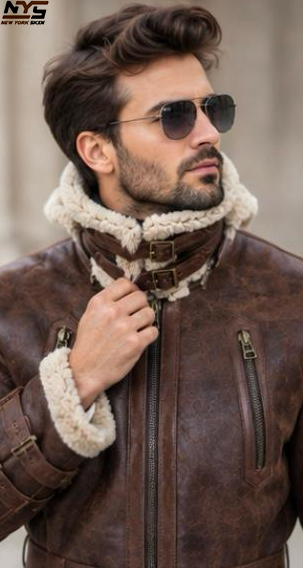 Shearling Sheepskin Leather Coat: Men's Brown Fur Lined Coat