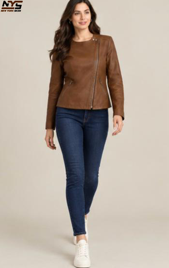 Women's Cognac Sheepskin Leather Jacket - Collarless Moto Style