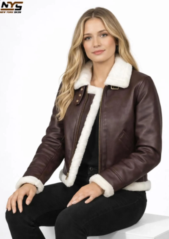 Maroon Sheepskin Leather Bomber Jacket: Faux Fur Lined
