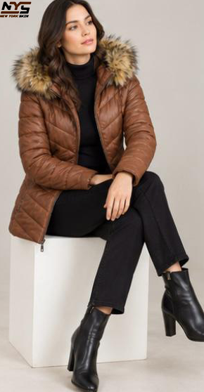Women’s Cognac Sheepskin Leather Padded Coat | New York Skin