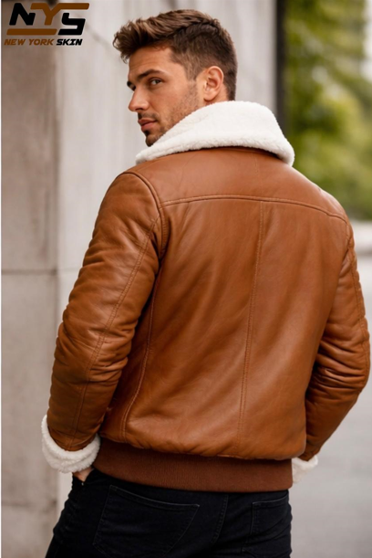 Men's Brown Sheepskin Leather Bomber Jacket – Faux Fur Lined
