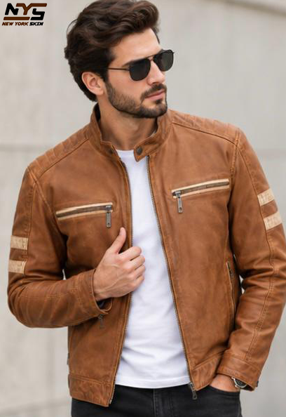 Men’s Tan Sheepskin Leather Jacket with Stud Collar & Gunmetal Zips