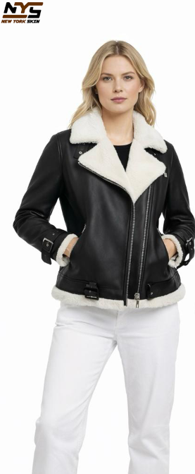 Women's Black Biker Shearling Jacket – Cozy Winter Leather Jacket & Perfect Gift