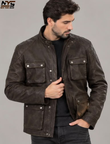 Men's Brown Sheepskin Leather Coat with Buckle Collar