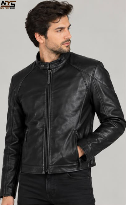 Men's Black Sheepskin Leather Moto Biker Jacket