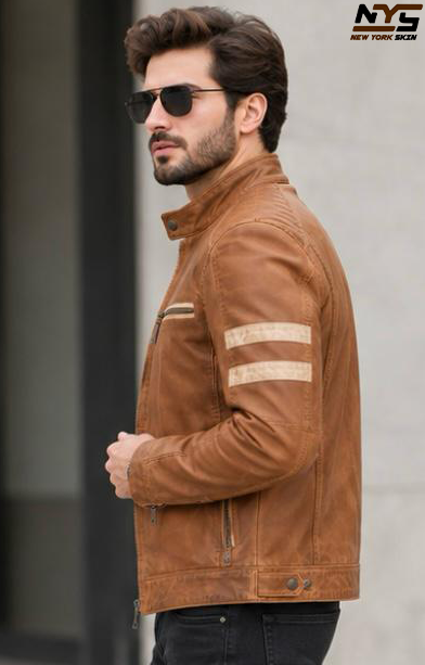 Men’s Tan Sheepskin Leather Jacket with Stud Collar & Gunmetal Zips