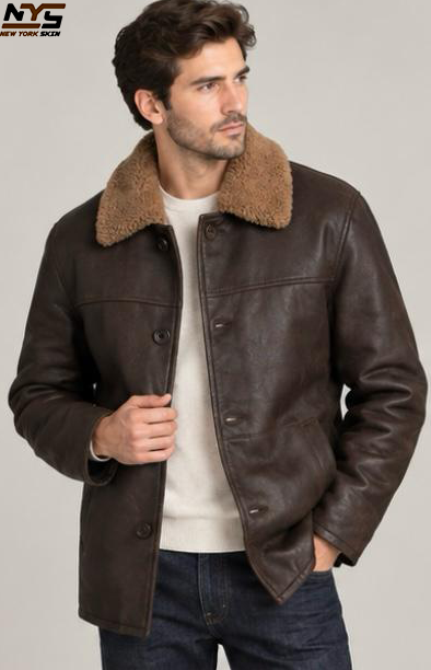 Men's Brown Sheepskin Leather Coat: Four Button Fastening