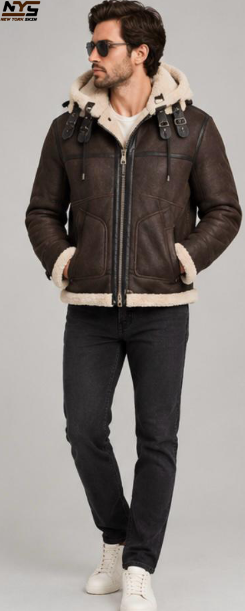 Men's Brown Shearling Sheepskin Leather Winter Jacket