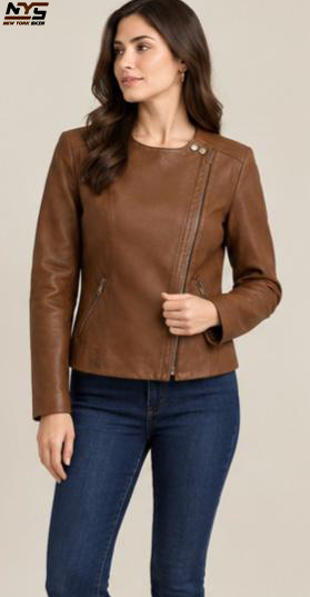 Women's Cognac Sheepskin Leather Jacket - Collarless Moto Style