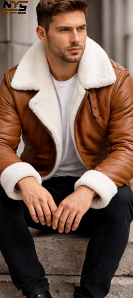 Men's Brown Sheepskin Leather Bomber Jacket – Faux Fur Lined