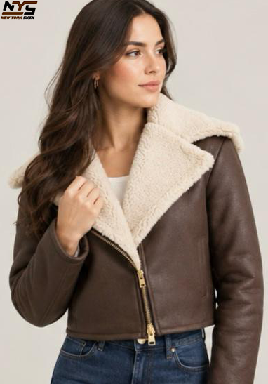 Chocolate Brown Sheepskin Leather Biker Jacket - Lapel Collar