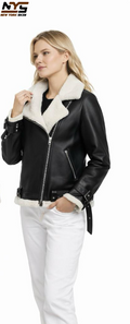 Women's Black Biker Shearling Jacket – Cozy Winter Leather Jacket & Perfect Gift