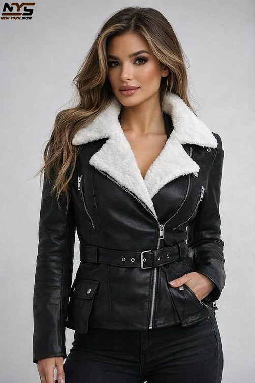 Women's Sheepskin Biker Jacket – Black Leather with Faux Shearling