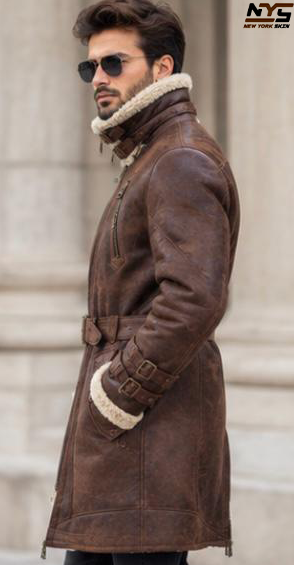Shearling Sheepskin Leather Coat: Men's Brown Fur Lined Coat