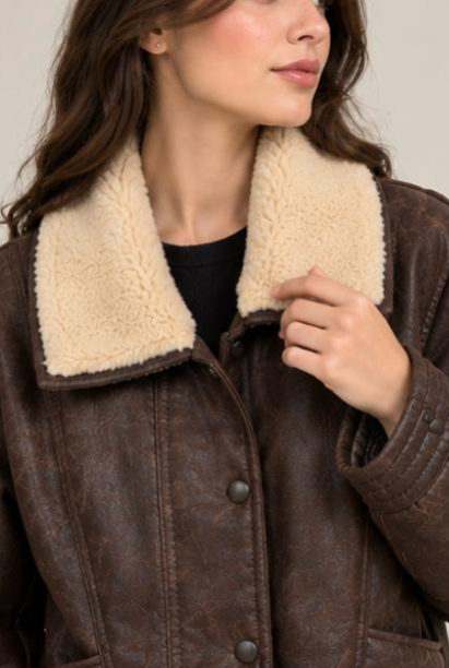 Women’s Brown Leather Jacket with Cream Collar | New York Skin