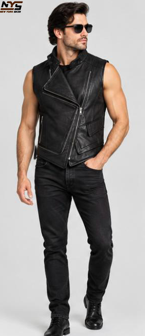 Men’s Black Sheepskin Leather Biker Vest with Asymmetrical Zip & Lapel Collar