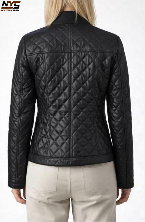 Women's Black Quilted Sheepskin Leather Jacket – Semi-Aniline Finish