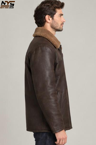 Men's Brown Sheepskin Leather Coat: Four Button Fastening
