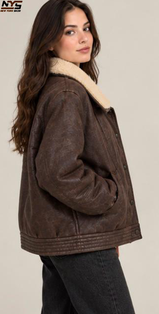 Women’s Brown Leather Jacket with Cream Collar | New York Skin
