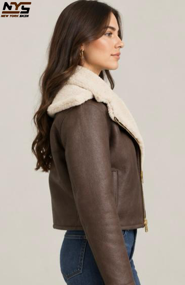Chocolate Brown Sheepskin Leather Biker Jacket - Lapel Collar