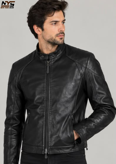 Men's Black Sheepskin Leather Moto Biker Jacket