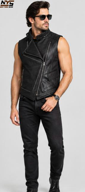 Men’s Black Sheepskin Leather Biker Vest with Asymmetrical Zip & Lapel Collar