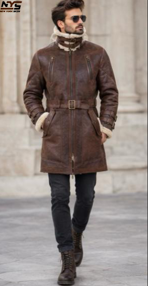 Shearling Sheepskin Leather Coat: Men's Brown Fur Lined Coat