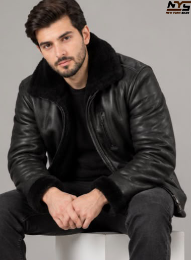 Handmade Black Shearling Leather Jacket: Genuine Sheepskin Bomber