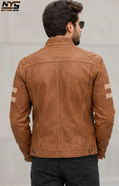 Men’s Tan Sheepskin Leather Jacket with Stud Collar & Gunmetal Zips