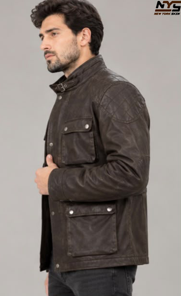 Men's Brown Sheepskin Leather Coat with Buckle Collar