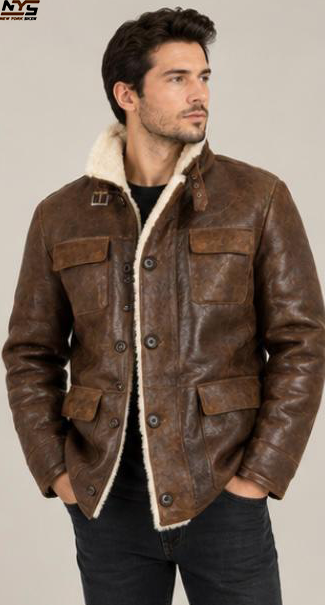 Men’s Brown Leather Coat with Fur Collar | New York Skin