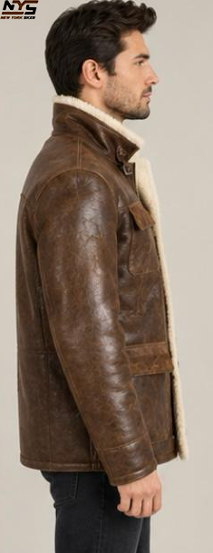Men’s Brown Leather Coat with Fur Collar | New York Skin