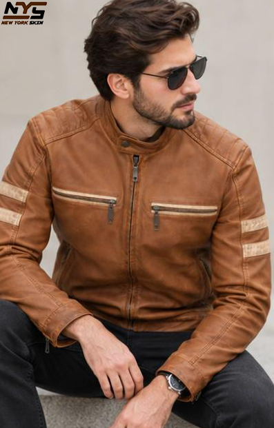 Men’s Tan Sheepskin Leather Jacket with Stud Collar & Gunmetal Zips