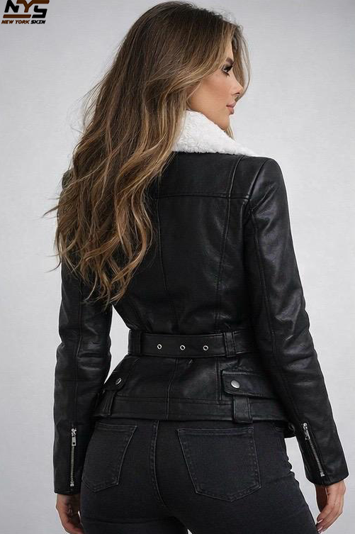 Women's Sheepskin Biker Jacket – Black Leather with Faux Shearling