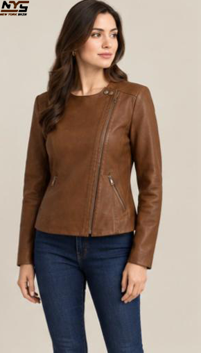 Women's Cognac Sheepskin Leather Jacket - Collarless Moto Style