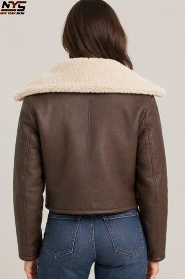 Chocolate Brown Sheepskin Leather Biker Jacket - Lapel Collar