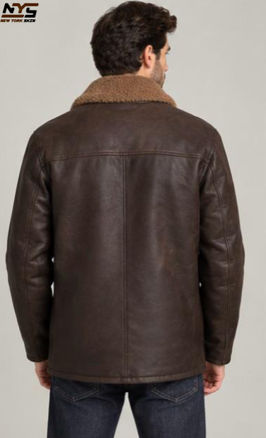 Men's Brown Sheepskin Leather Coat: Four Button Fastening