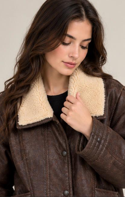 Women’s Brown Leather Jacket with Cream Collar | New York Skin
