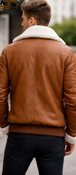 Men's Brown Sheepskin Leather Bomber Jacket – Faux Fur Lined