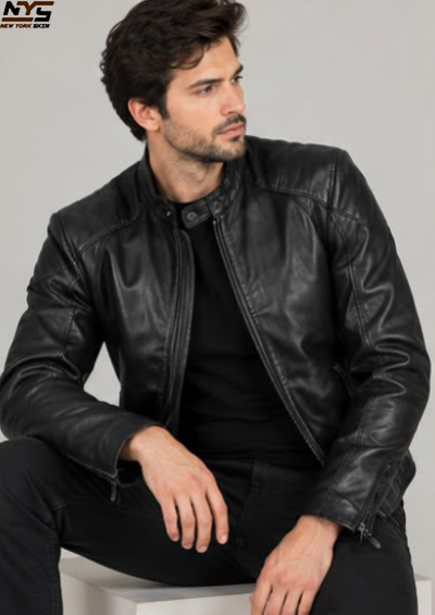 Men's Black Sheepskin Leather Moto Biker Jacket