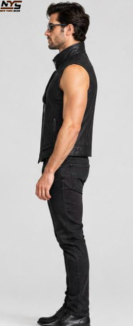 Men’s Black Sheepskin Leather Biker Vest with Asymmetrical Zip & Lapel Collar