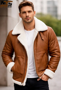 Men's Brown Sheepskin Leather Bomber Jacket – Faux Fur Lined
