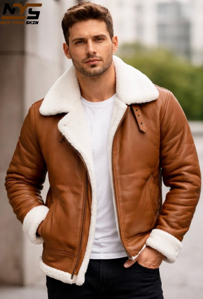 Men's Brown Sheepskin Leather Bomber Jacket – Faux Fur Lined