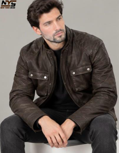 Men's Brown Sheepskin Leather Coat with Buckle Collar