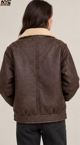Women’s Brown Leather Jacket with Cream Collar | New York Skin