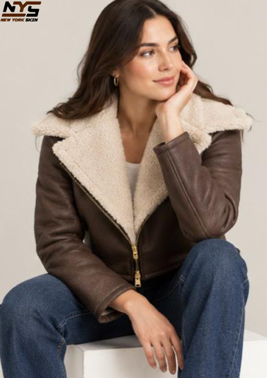 Chocolate Brown Sheepskin Leather Biker Jacket - Lapel Collar